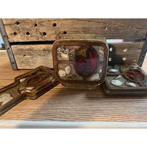 retro 3 Lucite napkin holder & spoon Rest Trivet, & orig label 1974, Shells Sand
